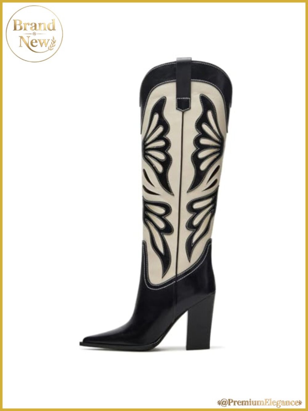 Women Cowboy Boots Pointed Toe Chunky Heel Butterfly Embroidered Wide Calf Knee